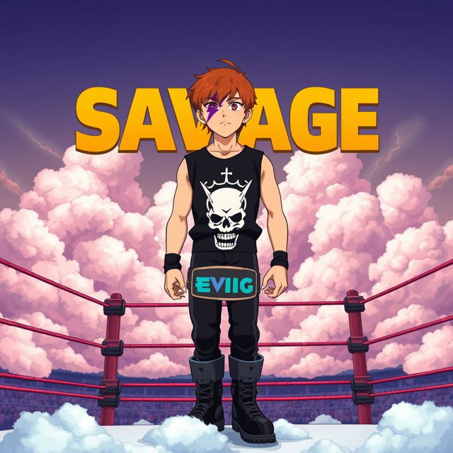 A 1980s anime style title screen featuring a young wrestler standing on the top rope of a wrestling ring surrounded by clouds