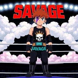 A 1980s anime style title screen featuring a young wrestler standing on the top rope of a wrestling ring surrounded by clouds