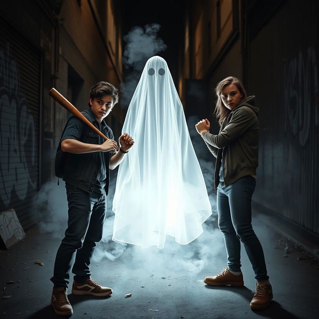 Two young adults standing in a defensive pose, holding a baseball bat, as they bravely confront a ghostly apparition in an urban alley