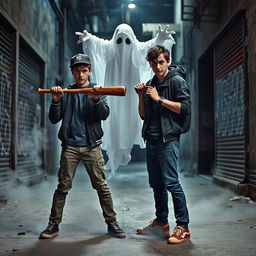 Two young adults standing in a defensive pose, holding a baseball bat, as they bravely confront a ghostly apparition in an urban alley