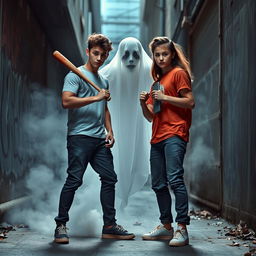 Two young adults standing in a defensive pose, holding a baseball bat, as they bravely confront a ghostly apparition in an urban alley