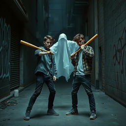 Two young adults standing in a defensive pose, holding a baseball bat, as they bravely confront a ghostly apparition in an urban alley