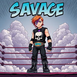 1990s comic art style featuring a young wrestler standing on the top rope of a wrestling ring surrounded by clouds