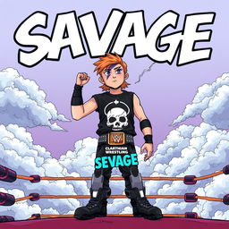 1990s comic art style featuring a young wrestler standing on the top rope of a wrestling ring surrounded by clouds