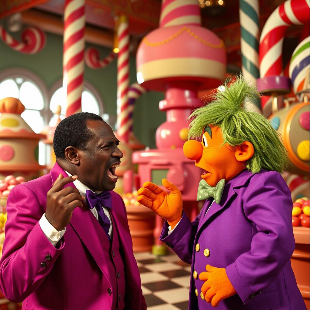 1970s exploitation film theme with an angry African-American man wearing a vibrant purple suit, passionately arguing with an orange-skinned, green-haired Oompa Loompa inside a whimsical candy factory