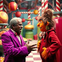 1970s exploitation film theme with an angry African-American man wearing a vibrant purple suit, passionately arguing with an orange-skinned, green-haired Oompa Loompa inside a whimsical candy factory