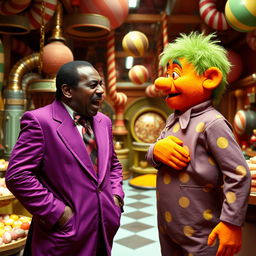 1970s exploitation film theme with an angry African-American man wearing a vibrant purple suit, passionately arguing with an orange-skinned, green-haired Oompa Loompa inside a whimsical candy factory