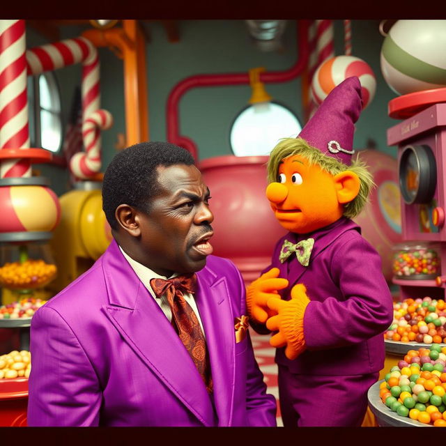 1970s exploitation film theme with an angry African-American man wearing a vibrant purple suit, passionately arguing with an orange-skinned, green-haired Oompa Loompa inside a whimsical candy factory