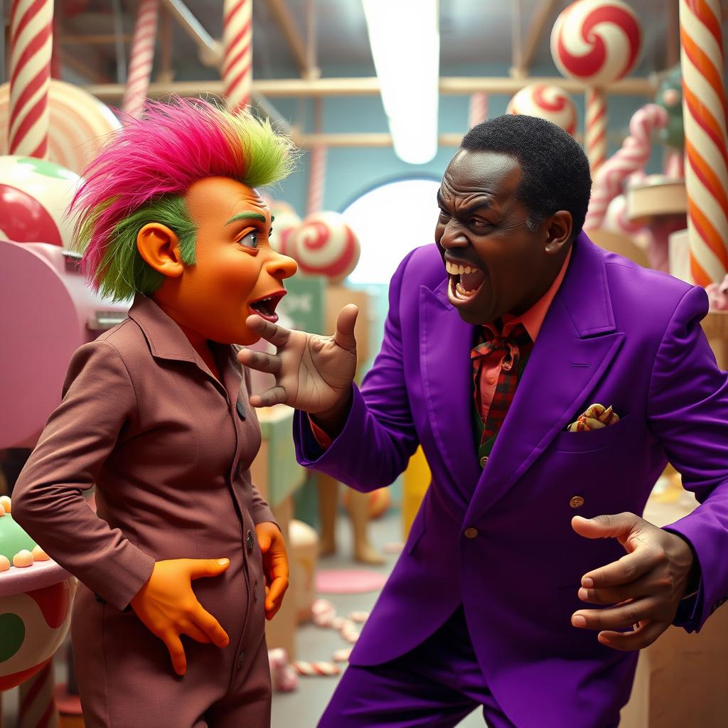 A 1970s exploitation film scene featuring an angry African-American man wearing a vibrant purple suit and passionately arguing with a female oompa loompa