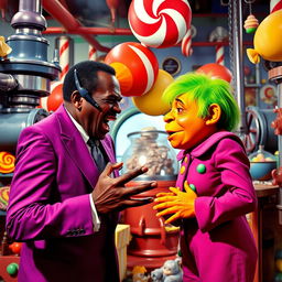 A 1970s exploitation film scene featuring an angry African-American man wearing a vibrant purple suit and passionately arguing with a female oompa loompa