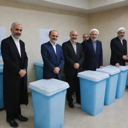 A diverse group of Iranian individuals in traditional and modern attire, standing in a well-lit, organised polling station next to blue ballot boxes, ready to cast their votes.