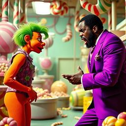 A 1970s exploitation film scene featuring an angry African-American man wearing a vibrant purple suit and passionately arguing with a female oompa loompa