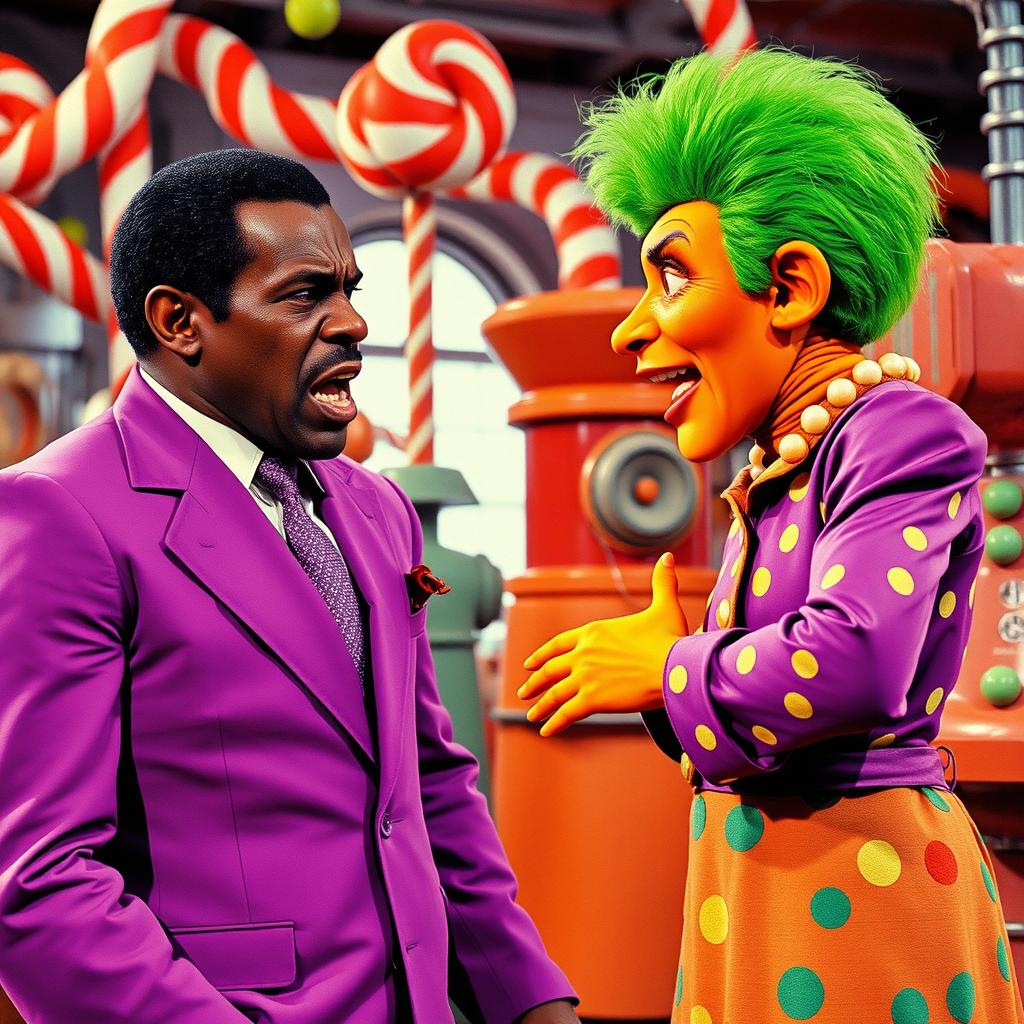 A 1970s exploitation film scene featuring an angry African-American man wearing a vibrant purple suit and passionately arguing with a female oompa loompa
