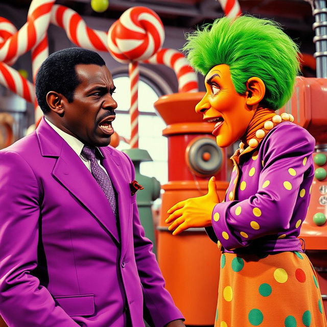 A 1970s exploitation film scene featuring an angry African-American man wearing a vibrant purple suit and passionately arguing with a female oompa loompa