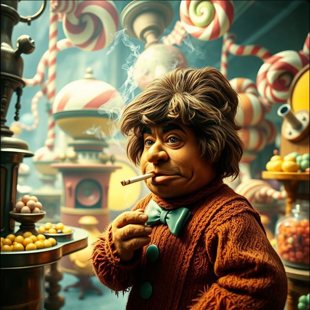 1970s exploitation film style scene depicting an Oompa Loompa smoking a cigarette inside a whimsical candy factory