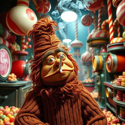 1970s exploitation film style scene depicting an Oompa Loompa smoking a cigarette inside a whimsical candy factory