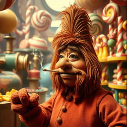 1970s exploitation film style scene depicting an Oompa Loompa smoking a cigarette inside a whimsical candy factory