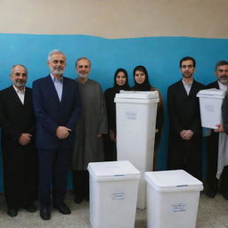 A diverse group of Iranian individuals in traditional and modern attire, standing in a well-lit, organised polling station next to blue ballot boxes, ready to cast their votes.