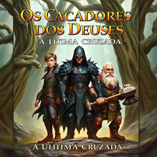 A striking book cover depicting a heroic trio: a male elf, a male dark elf, and a male dwarf