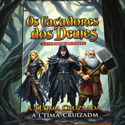 A striking book cover depicting a heroic trio: a male elf, a male dark elf, and a male dwarf