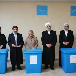 A diverse group of Iranian individuals in traditional and modern attire, standing in a well-lit, organised polling station next to blue ballot boxes, ready to cast their votes.