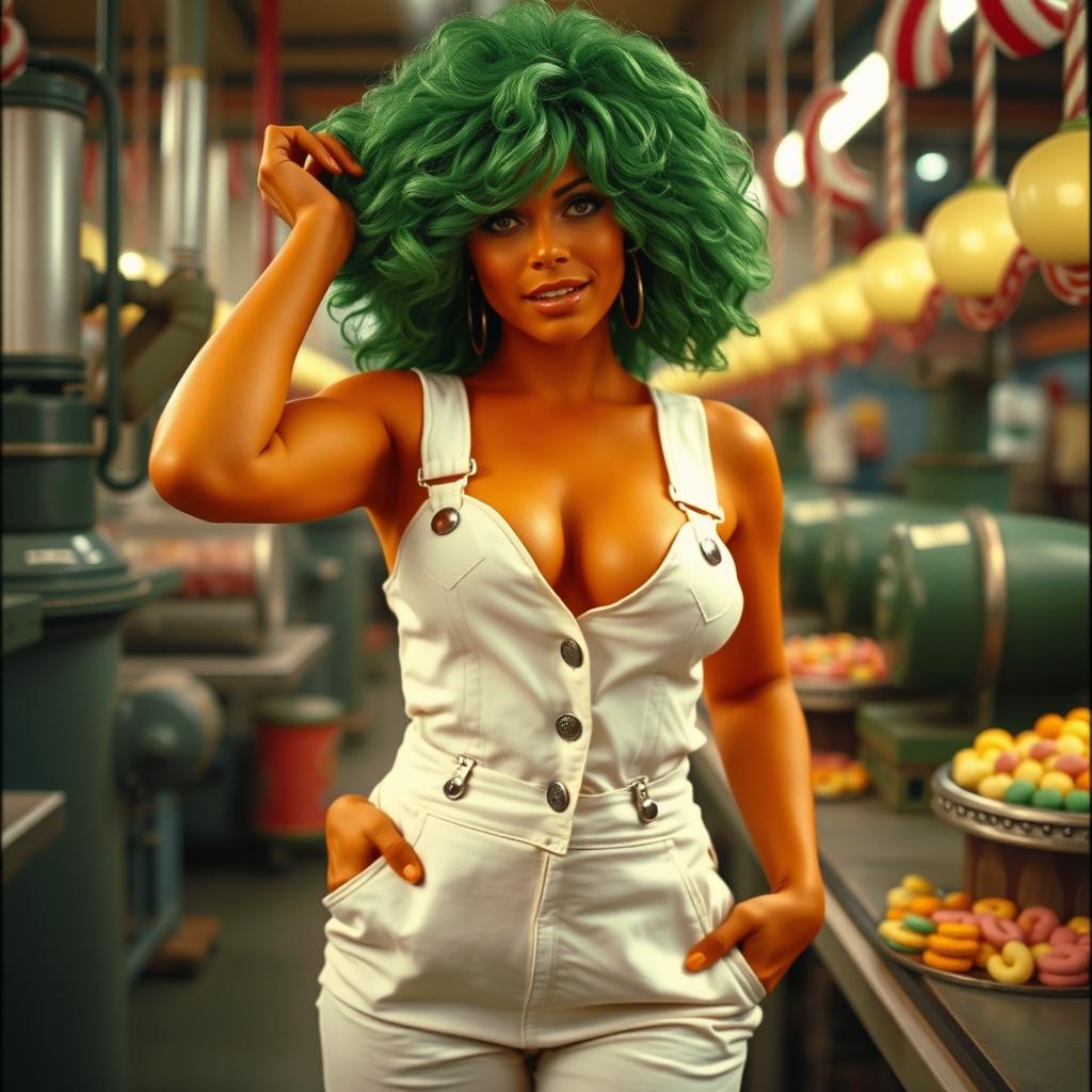 A 1970s style film scene featuring a sexy Oompa Loompa with vibrant orange skin and lush green hair