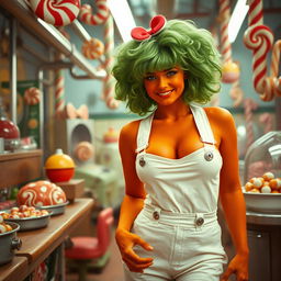 A 1970s style film scene featuring a sexy Oompa Loompa with vibrant orange skin and lush green hair