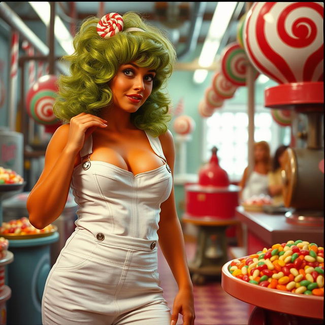 A 1970s style film scene featuring a sexy Oompa Loompa with vibrant orange skin and lush green hair