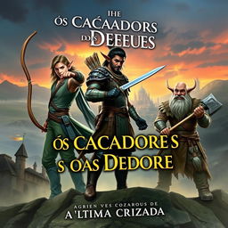 A book cover depicting a fantasy scene featuring three male characters: a male elf archer, a male dark-skinned elf warrior with a sword, and a male dwarf holding an axe