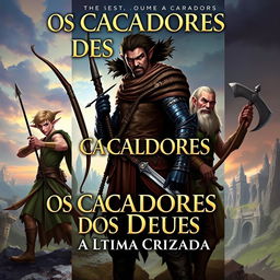 A book cover depicting a fantasy scene featuring three male characters: a male elf archer, a male dark-skinned elf warrior with a sword, and a male dwarf holding an axe