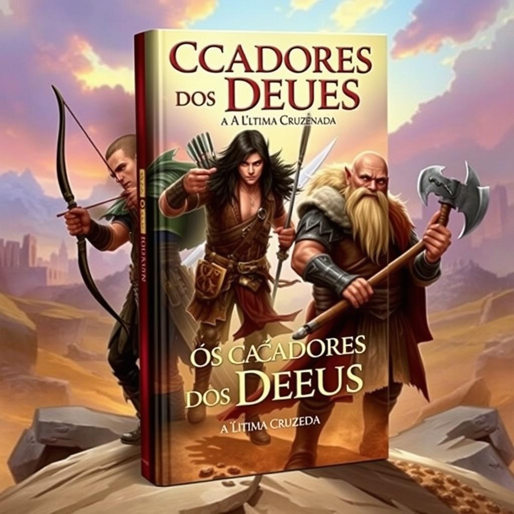 A book cover depicting a fantasy scene featuring three male characters: a male elf archer, a male dark-skinned elf warrior with a sword, and a male dwarf holding an axe