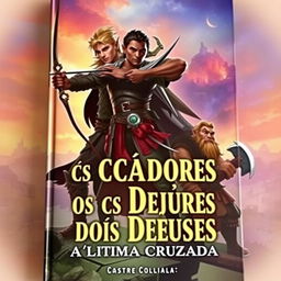 A book cover depicting a fantasy scene featuring three male characters: a male elf archer, a male dark-skinned elf warrior with a sword, and a male dwarf holding an axe