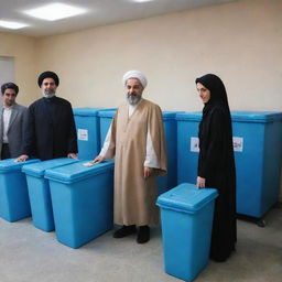 A diverse group of Iranian individuals in traditional and modern attire, standing in a well-lit, organised polling station next to blue ballot boxes, ready to cast their votes.