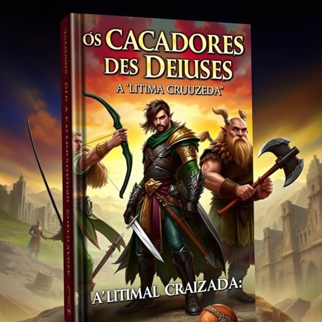 A book cover depicting a fantasy scene featuring three male characters: a male elf archer, a male dark-skinned elf warrior with a sword, and a male dwarf holding an axe