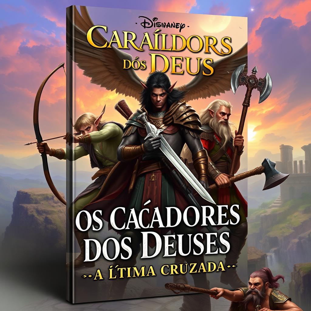 A book cover depicting a fantasy scene featuring three male characters: a male elf archer, a male dark-skinned elf warrior with a sword, and a male dwarf holding an axe