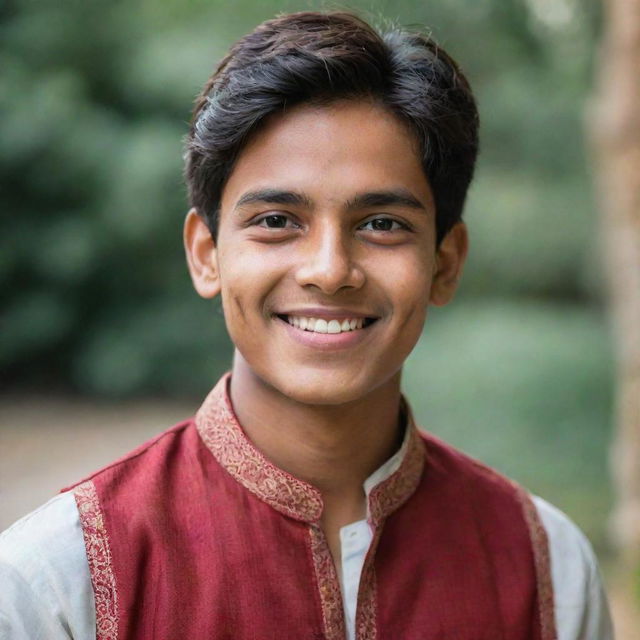 A portrait of a young Indian teenager with a warm smile, exuding positivity. He wears a traditional kurta and his dark eyes are full of dreams and aspirations.