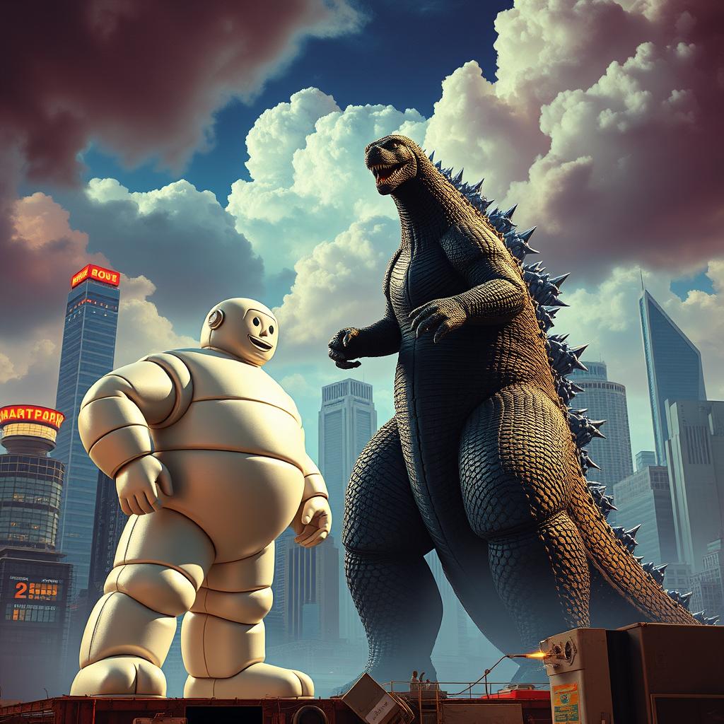 A thrilling scene from a 1960s sci-fi movie depicting an epic battle: the iconic Bibendum, often known as the Michelin Man, facing off against the mighty Godzilla