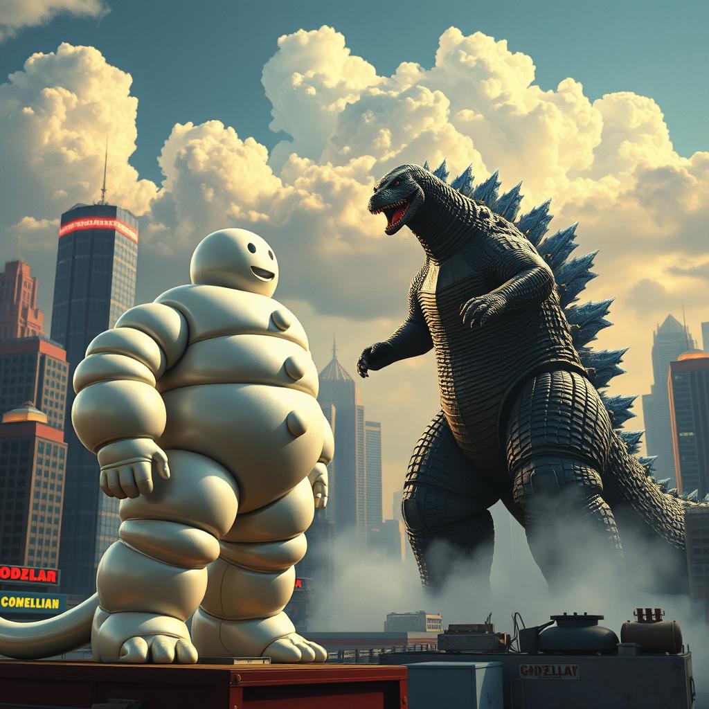 A thrilling scene from a 1960s sci-fi movie depicting an epic battle: the iconic Bibendum, often known as the Michelin Man, facing off against the mighty Godzilla