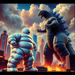 A thrilling scene from a 1960s sci-fi movie depicting an epic battle: the iconic Bibendum, often known as the Michelin Man, facing off against the mighty Godzilla