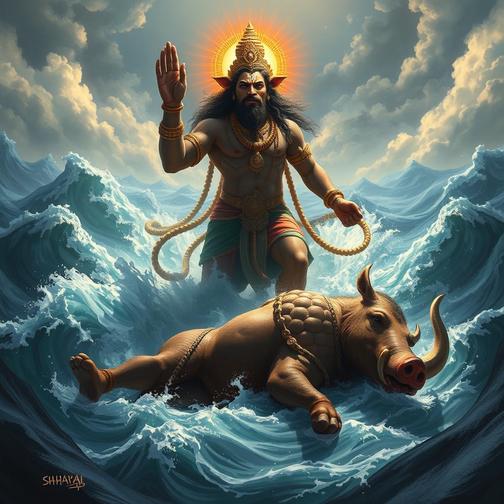 In the aftermath of an intense and epic battle, Waraha, the divine boar incarnation of Vishnu, stands victorious over the defeated giant Hiranyaksha