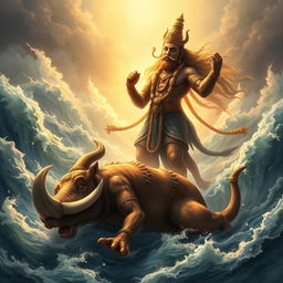 In the aftermath of an intense and epic battle, Waraha, the divine boar incarnation of Vishnu, stands victorious over the defeated giant Hiranyaksha