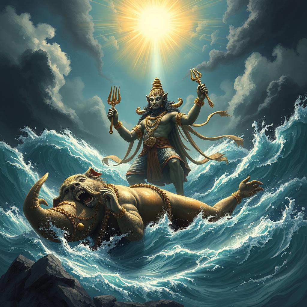 In the aftermath of an intense and epic battle, Waraha, the divine boar incarnation of Vishnu, stands victorious over the defeated giant Hiranyaksha