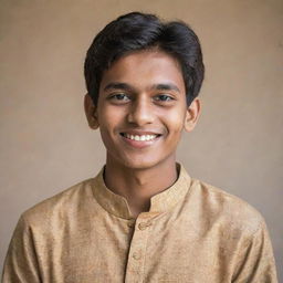 A portrait of a young Indian teenager with a warm smile, exuding positivity. He wears a traditional kurta and his dark eyes are full of dreams and aspirations.