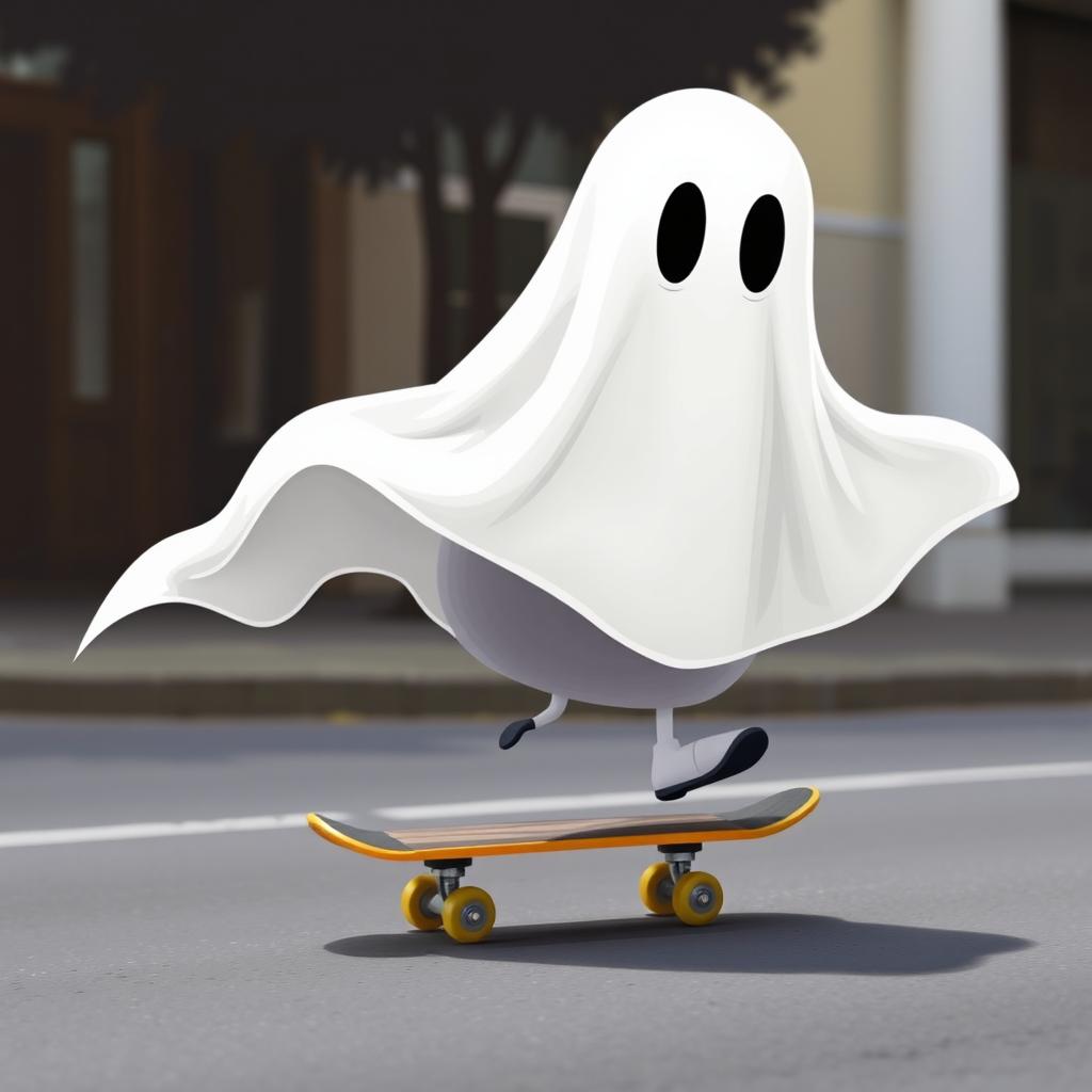 A 2D traditional ghost draped in a classic white sheet, gliding smoothly on a skateboard