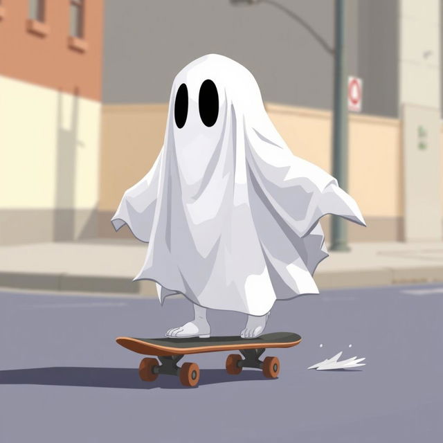 A 2D traditional ghost draped in a classic white sheet, gliding smoothly on a skateboard