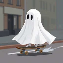 A 2D traditional ghost draped in a classic white sheet, gliding smoothly on a skateboard