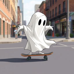 A 2D traditional ghost draped in a classic white sheet, gliding smoothly on a skateboard