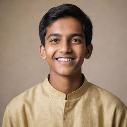 A portrait of a young Indian teenager with a warm smile, exuding positivity. He wears a traditional kurta and his dark eyes are full of dreams and aspirations.