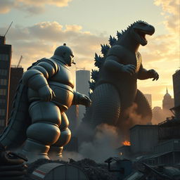 A retro 1960s sci-fi movie scene depicting an epic battle between the Bibendum Michelin Man and Godzilla