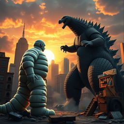 A retro 1960s sci-fi movie scene depicting an epic battle between the Bibendum Michelin Man and Godzilla